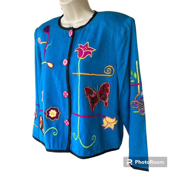 VTG Draper's & Damon's Button Up Jacket Applique Flowers Butterflies Petite M - Picture 4 of 11